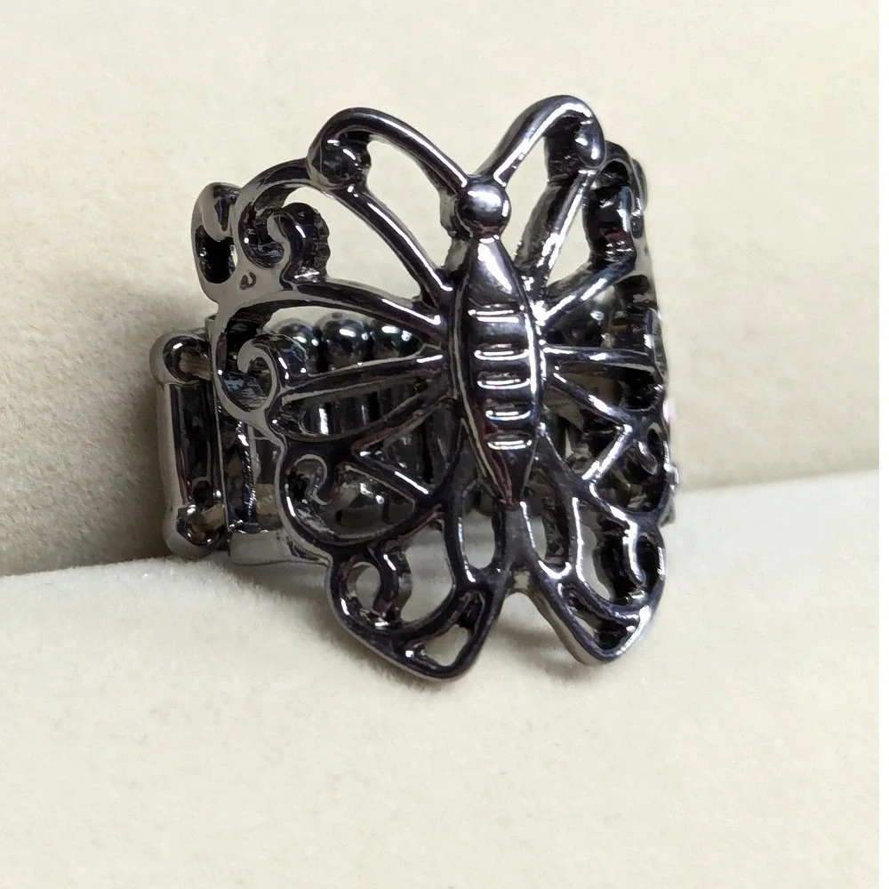 New Butterfly Ring Gunmetal Ornate Filigree Stretch Band Lover Gift Jewelry‎